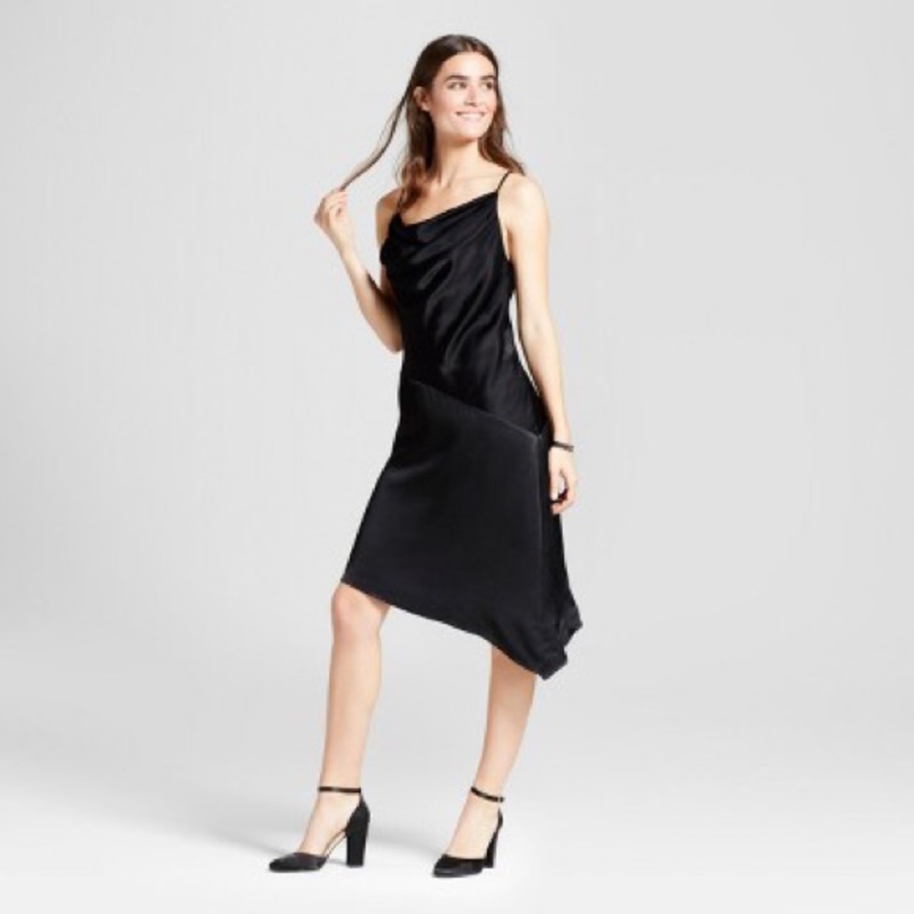 Asymmetrical Satin Slip Dress - Black